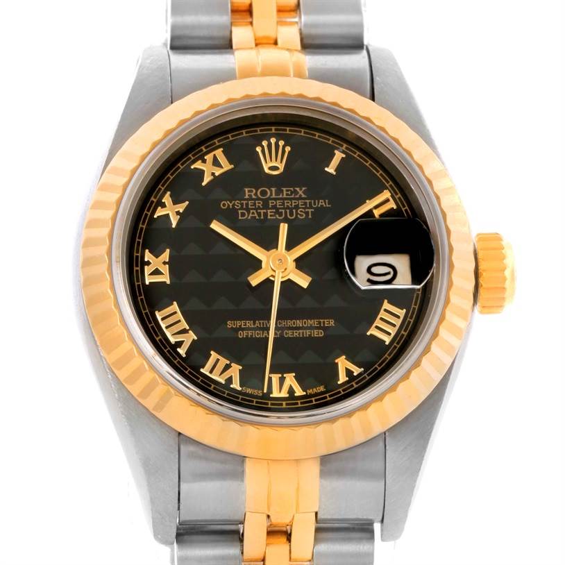 The image shows a front view of a Rolex Datejust 69173 Women
s Stainless Steel Black Dial 69173 Women
s Stainless Steel Black Dial watch, highlighting the dial, bezel, crown, and a part of the bracelet.