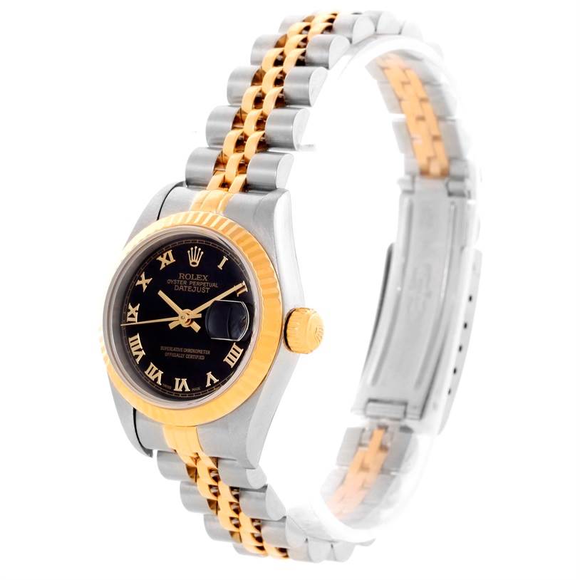 This image shows a Rolex Datejust 69173 Women
s Stainless Steel Black Dial 69173 Women
s Stainless Steel Black Dial from an angled side view, detailing the black dial, fluted bezel, crown, and two-tone bracelet.
