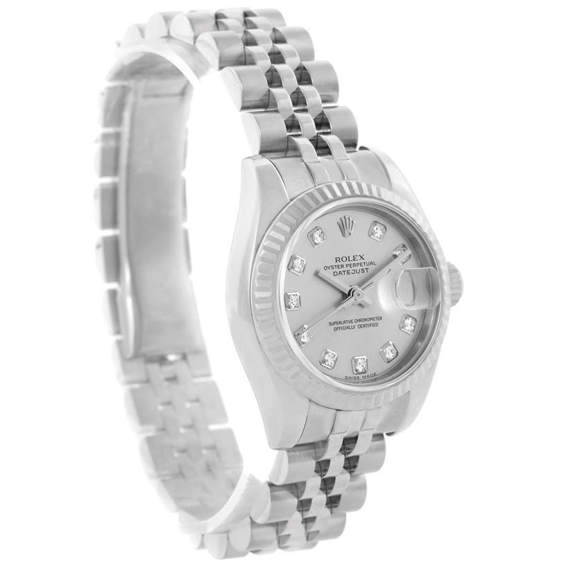 This image shows a side and front angle of a Rolex Datejust 179174 Women
s Stainless Steel Silver Dial 179174 Women
s Stainless Steel Silver Dial watch, highlighting its bracelet, case, dial, and crown.