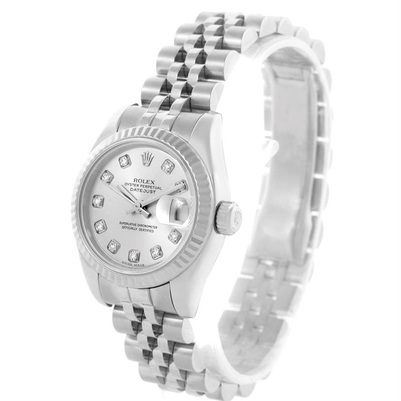 This image shows a Rolex Datejust 179174 Women
s Stainless Steel Silver Dial 179174 Women
s Stainless Steel Silver Dial watch from an angled front view, highlighting its dial, bezel, crown, and bracelet.