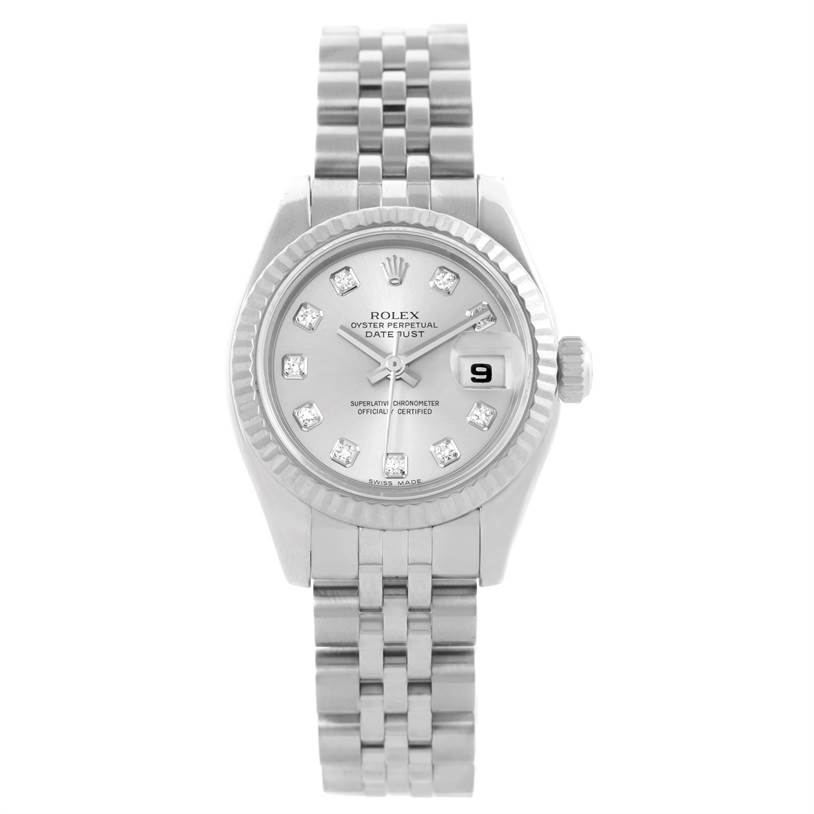 A Rolex Datejust 179174 Women
s Stainless Steel Silver Dial 179174 Women
s Stainless Steel Silver Dial watch is shown from a straight-on angle, displaying its face, date window, and bracelet.