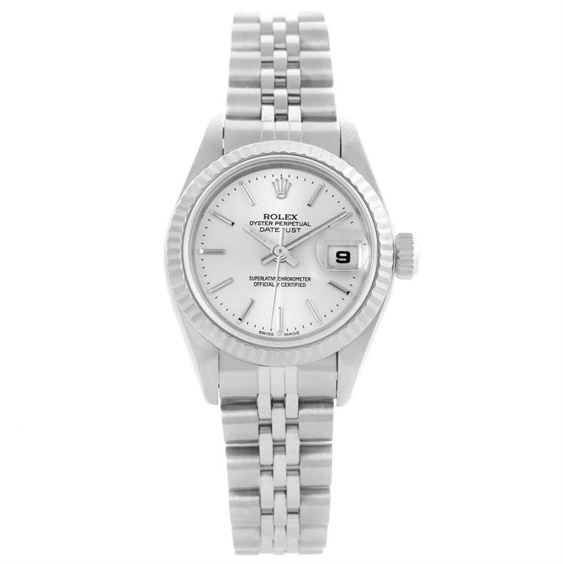 This image shows a front view of a Rolex Datejust 79174 Women
s Stainless Steel Silver Dial 79174 Women
s Stainless Steel Silver Dial watch, featuring its dial, bezel, bracelet, and date window.