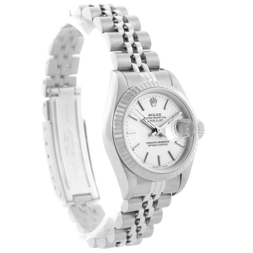 This image displays the Rolex Datejust 79174 Women
s Stainless Steel Silver Dial 79174 Women
s Stainless Steel Silver Dial watch at an angle showing the face, bezel, and partial bracelet.