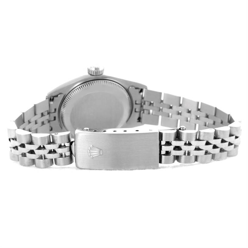 This image shows the back view of a Rolex Datejust 79174 Women
s Stainless Steel Silver Dial 79174 Women
s Stainless Steel Silver Dial watch, displaying the case back, crown, and bracelet clasp.