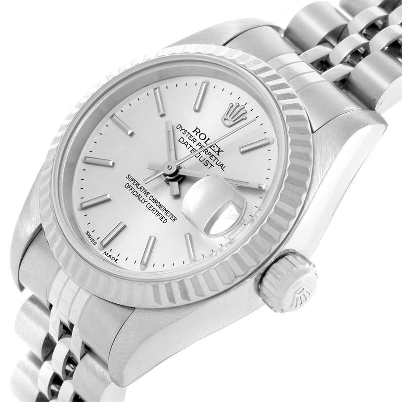 The image shows the front view of the Rolex Datejust 79174 Women
s Stainless Steel Silver Dial 79174 Women
s Stainless Steel Silver Dial watch, highlighting the dial, cyclops lens, crown, and part of the bracelet.