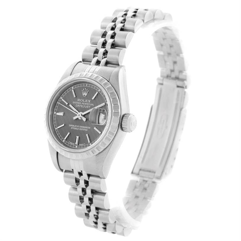 The image shows a Rolex Datejust 69240 Women's Stainless Steel Grey Dial 69240 Women's Stainless Steel Grey Dial watch from an angled front view, highlighting its face, bezel, and bracelet.