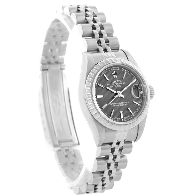 The image shows a Rolex Datejust 69240 Women's Stainless Steel Grey Dial 69240 Women's Stainless Steel Grey Dial watch at a slight side angle, highlighting the dial, bezel, and bracelet.