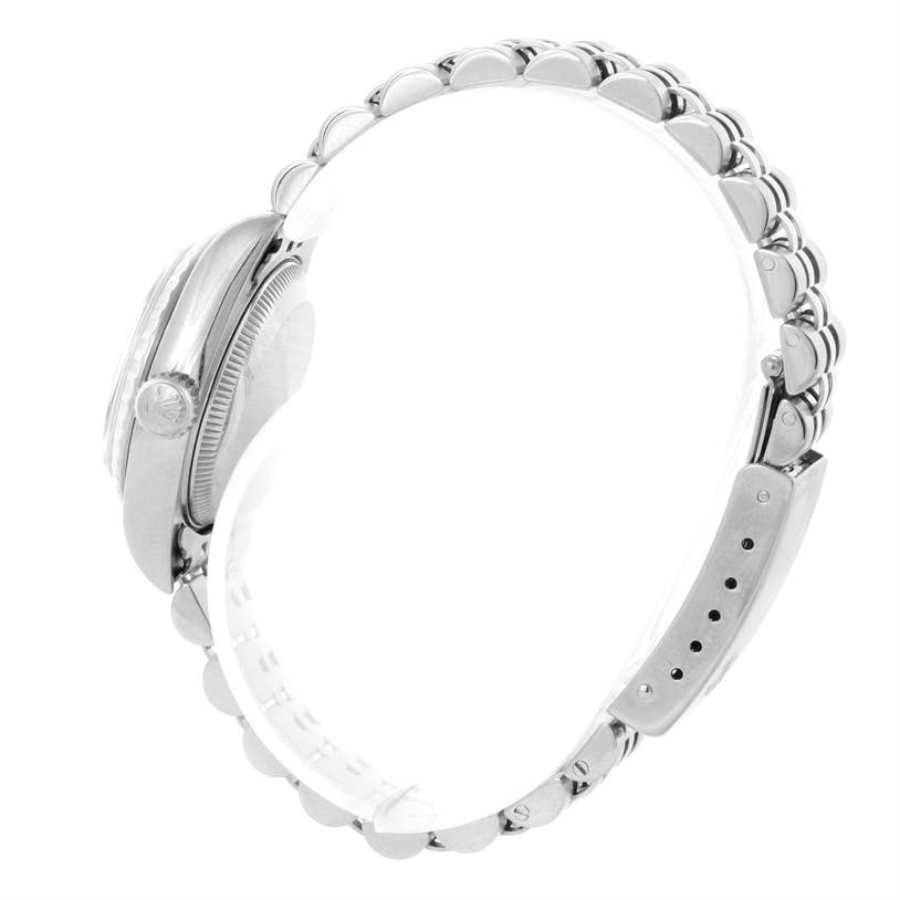 The image shows a side view of a Rolex Datejust 69240 Women's Stainless Steel Grey Dial 69240 Women's Stainless Steel Grey Dial watch, highlighting the case, crown, and bracelet.