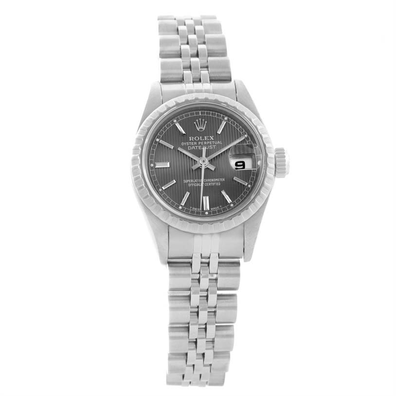 The Rolex Datejust 69240 Women's Stainless Steel Grey Dial 69240 Women's Stainless Steel Grey Dial watch is shown from a front angle, displaying the dial, bezel, case, crown, and bracelet.