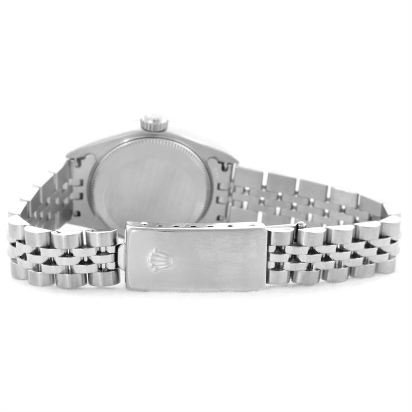 This image shows the back case and Jubilee bracelet of a Rolex Datejust 69240 Women's Stainless Steel Grey Dial 69240 Women's Stainless Steel Grey Dial watch, including the clasp with the Rolex logo.