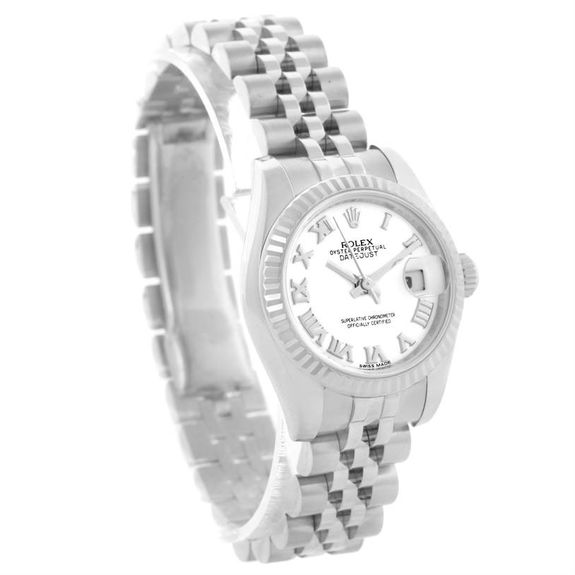 The image depicts a Rolex Datejust 179174 Women's Stainless Steel White Dial 179174 Women's Stainless Steel White Dial watch angled to show the face, bezel, and bracelet links.