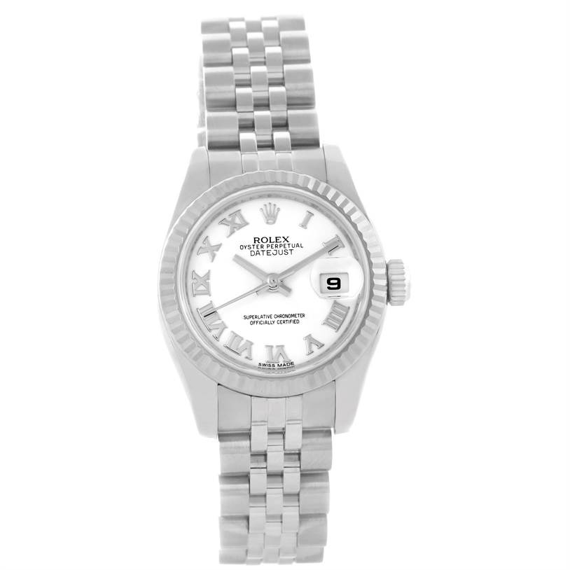 The image shows a front view of a Rolex Datejust 179174 Women's Stainless Steel White Dial 179174 Women's Stainless Steel White Dial watch, displaying the face, bezel, crown, and bracelet.