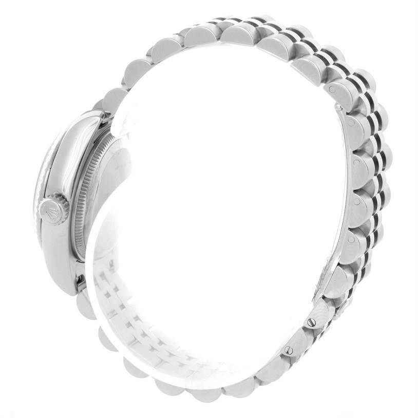 The image shows a side view of a Rolex Datejust 179174 Women's Stainless Steel White Dial 179174 Women's Stainless Steel White Dial watch, highlighting the crown and the jubilee bracelet.