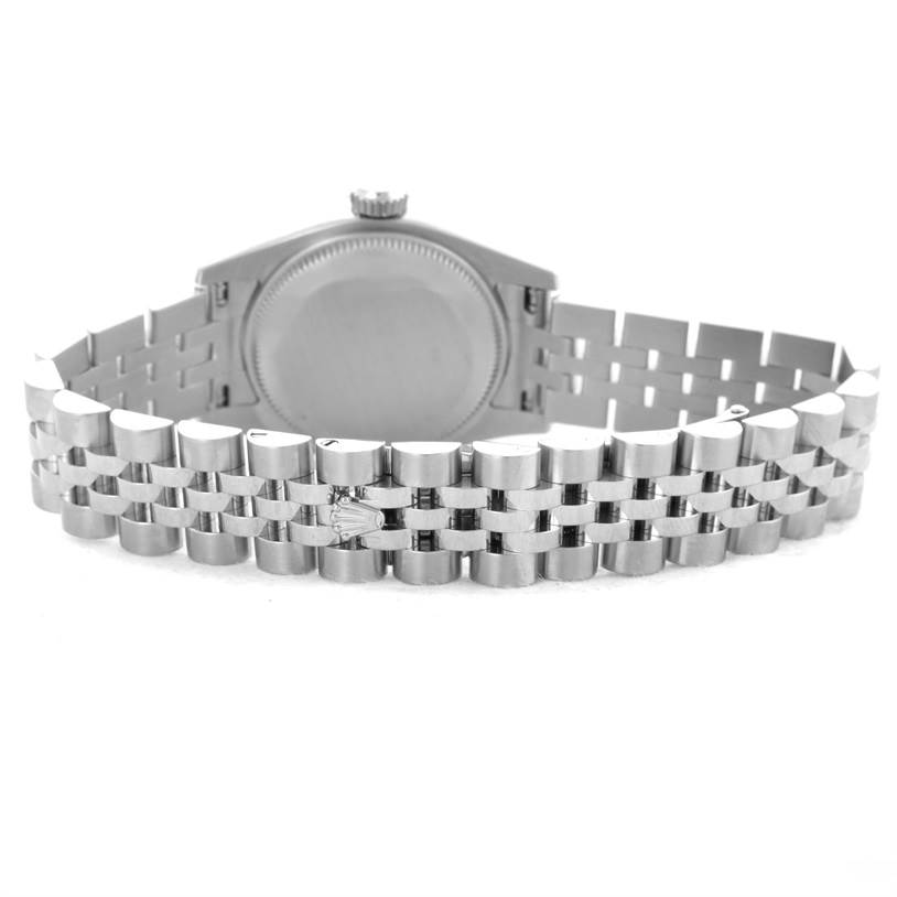 This image shows the back case and bracelet of a Rolex Datejust 179174 Women's Stainless Steel White Dial 179174 Women's Stainless Steel White Dial watch from a rear angle.