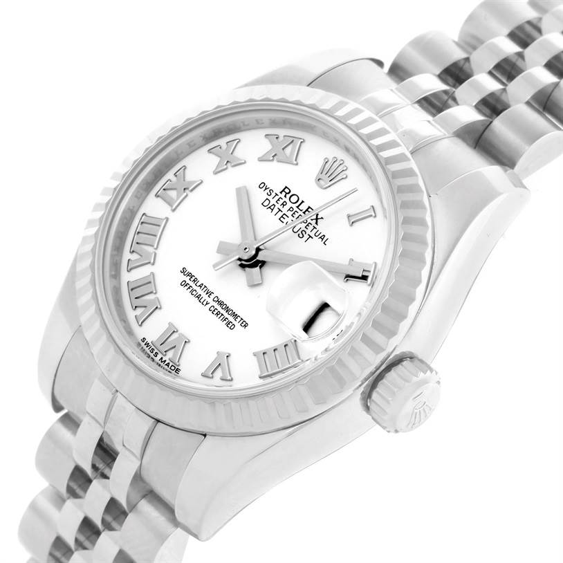 The Rolex Datejust 179174 Women's Stainless Steel White Dial 179174 Women's Stainless Steel White Dial watch is shown at an angle emphasizing its dial, crown, and stainless steel bracelet.
