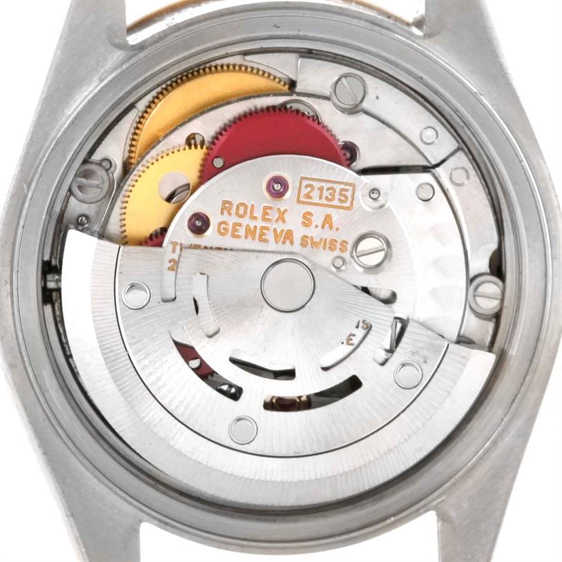 This image shows the intricate internal mechanism of a Rolex Datejust 69163 Women's Stainless Steel White Dial 69163 Women's Stainless Steel White Dial watch from the back.