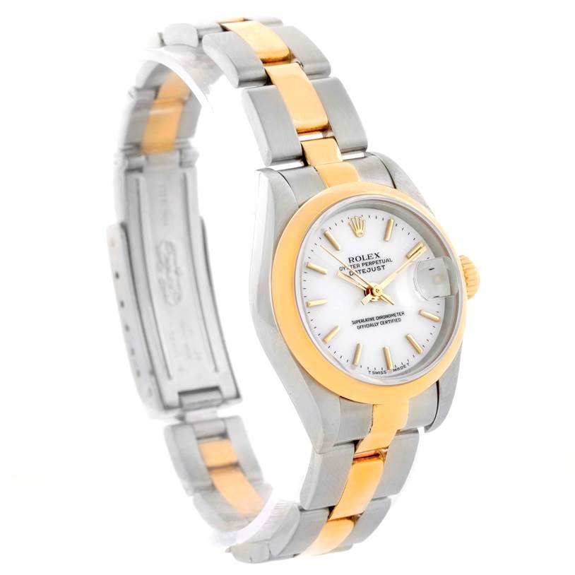 The image shows a Rolex Datejust 69163 Women's Stainless Steel White Dial 69163 Women's Stainless Steel White Dial watch at a three-quarter angle, highlighting its two-tone bracelet and dial.
