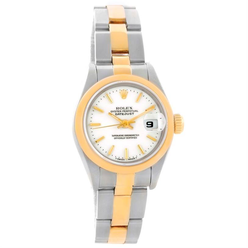 The Rolex Datejust 69163 Women's Stainless Steel White Dial 69163 Women's Stainless Steel White Dial watch is shown from a top-down angle, displaying the face and part of the bracelet.