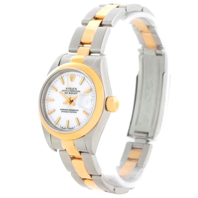 This image shows a side angle of the Rolex Datejust 69163 Women's Stainless Steel White Dial 69163 Women's Stainless Steel White Dial watch, featuring the watch face, crown, and two-tone band.