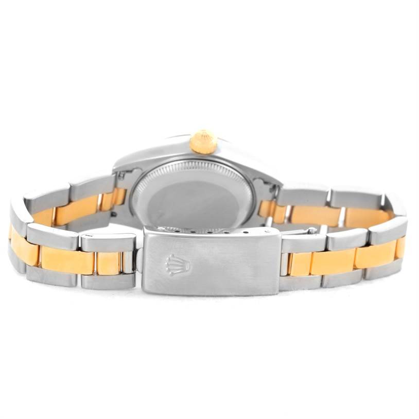 This image shows the backside and bracelet of the Rolex Datejust 69163 Women's Stainless Steel White Dial 69163 Women's Stainless Steel White Dial watch, highlighting its two-tone design.