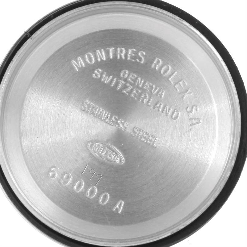 This is the interior view of the case back of a Rolex Datejust 69163 Women's Stainless Steel White Dial 69163 Women's Stainless Steel White Dial watch, showing the brand engravings and model number.