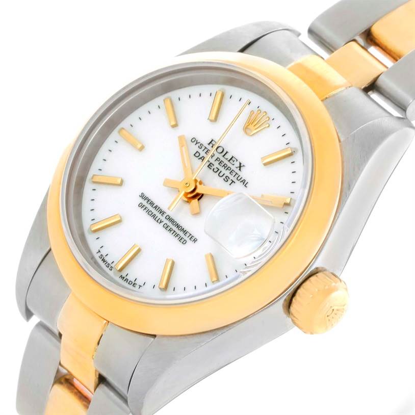 The image shows a close-up, angled view of the Rolex Datejust 69163 Women's Stainless Steel White Dial 69163 Women's Stainless Steel White Dial watch, highlighting the dial, hour markers, and crown.