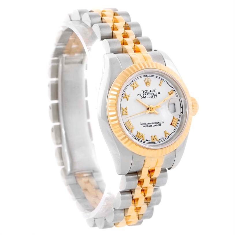 The image shows a Rolex Datejust 179173 Women's Steel and Gold (two tone) White Dial 179173 Women's Steel and Gold (two tone) White Dial watch at a three-quarter angle, displaying its face, bezel, and two-tone bracelet.