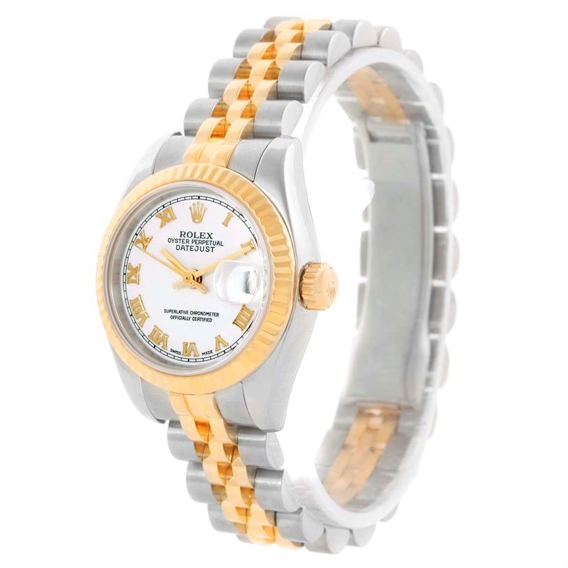This image shows a Rolex Datejust 179173 Women's Steel and Gold (two tone) White Dial 179173 Women's Steel and Gold (two tone) White Dial watch at a slight angle, displaying the face, crown, bezel, and bracelet.