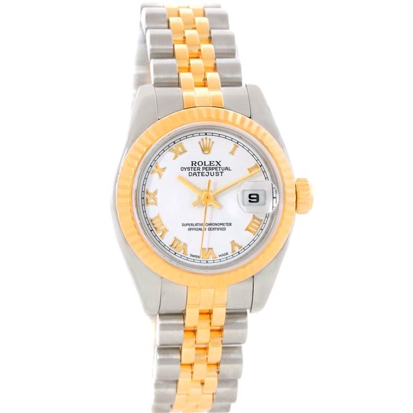 The image shows a Rolex Datejust 179173 Women's Steel and Gold (two tone) White Dial 179173 Women's Steel and Gold (two tone) White Dial watch from a front angle, highlighting the dial, bezel, and two-tone bracelet.