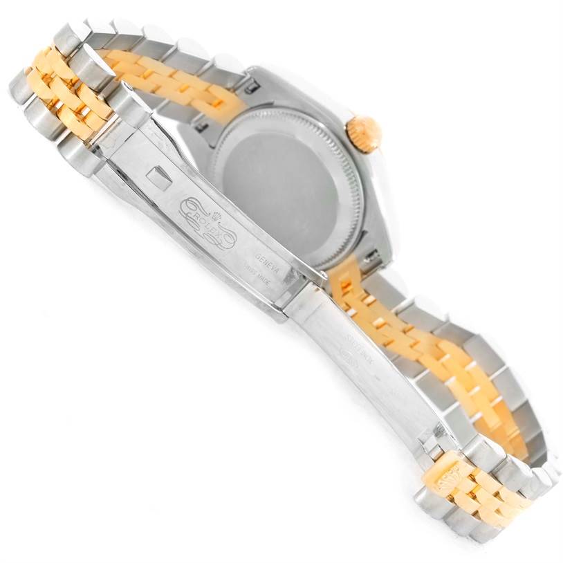The image shows the backside and clasp of a Rolex Datejust 179173 Women's Steel and Gold (two tone) White Dial 179173 Women's Steel and Gold (two tone) White Dial watch, including the bracelet and part of the case back.