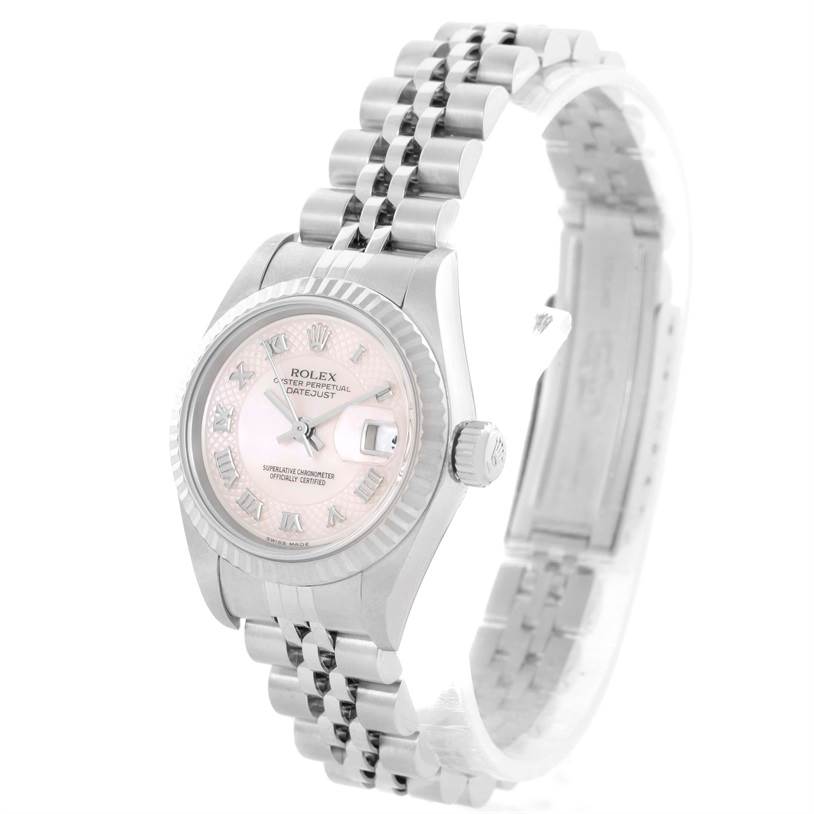 The image shows a Rolex Datejust 79174 Women's Stainless Steel Mother of Pearl Dial 79174 Women's Stainless Steel Mother of Pearl Dial watch at a slight angle, highlighting the bracelet and dial details.