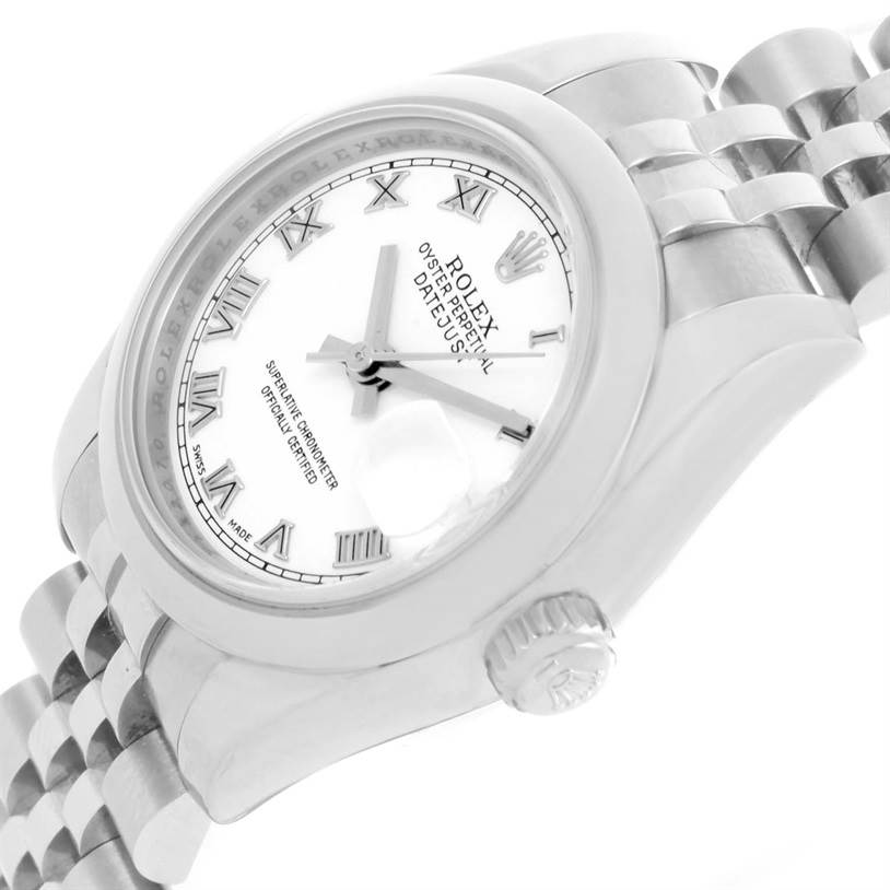 The image shows a side angle view of the Rolex Datejust 179160 Women's Stainless Steel White Dial 179160 Women's Stainless Steel White Dial watch, highlighting its dial, crown, and bracelet.
