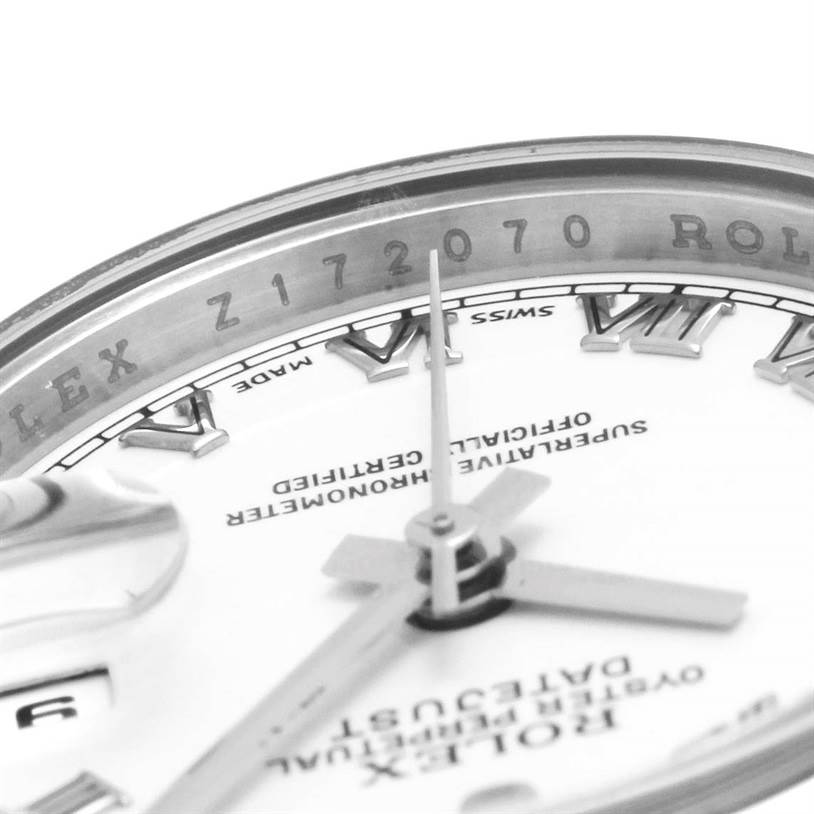 The image shows a close-up of the Rolex Datejust 179160 Women's Stainless Steel White Dial 179160 Women's Stainless Steel White Dial watch face, highlighting the Roman numerals, second hand, and partial bezel.