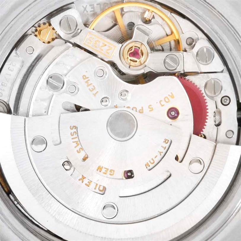 This image shows the intricate internal movement of a Rolex Datejust 179160 Women's Stainless Steel White Dial 179160 Women's Stainless Steel White Dial model watch with visible gears and components.