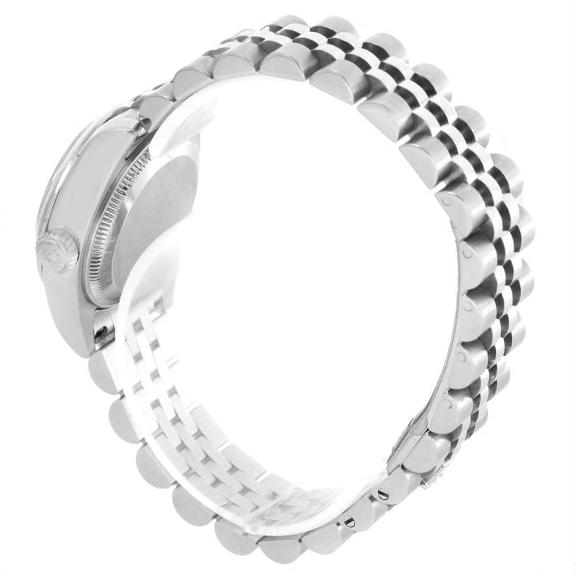 The image shows a side view of a Rolex Datejust 179160 Women's Stainless Steel White Dial 179160 Women's Stainless Steel White Dial watch focusing on its case, crown, and Jubilee bracelet.