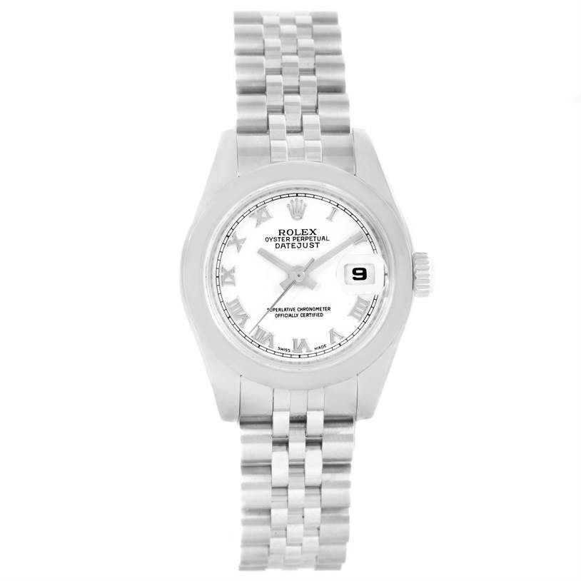 The image shows a frontal view of a Rolex Datejust 179160 Women's Stainless Steel White Dial 179160 Women's Stainless Steel White Dial watch, showcasing the dial, bezel, crown, and Jubilee bracelet.