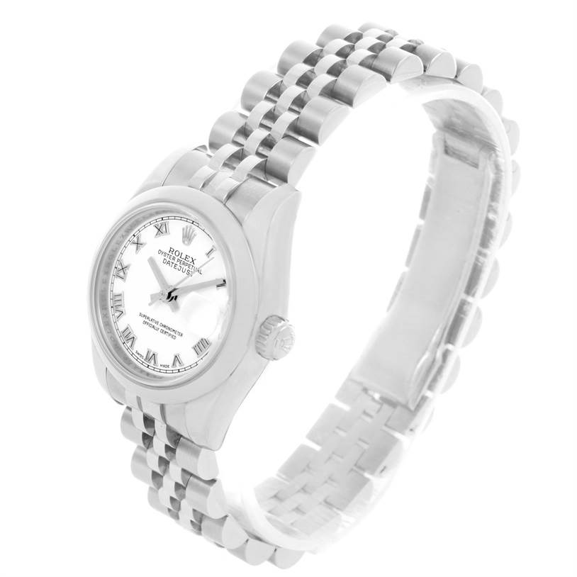 The Rolex Datejust 179160 Women's Stainless Steel White Dial 179160 Women's Stainless Steel White Dial watch is shown at a three-quarter angle, highlighting the bracelet and watch face with Roman numerals.
