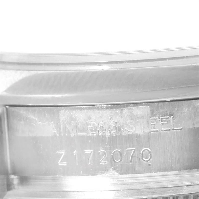 The image shows a close-up of the stainless steel band of a Rolex Datejust 179160 Women's Stainless Steel White Dial 179160 Women's Stainless Steel White Dial watch, revealing the engraved model number Z172070.