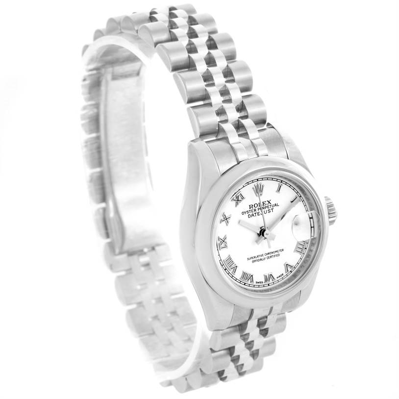 The image shows a Rolex Datejust 179160 Women's Stainless Steel White Dial 179160 Women's Stainless Steel White Dial watch angled to display the face, crown, and partially the bracelet.