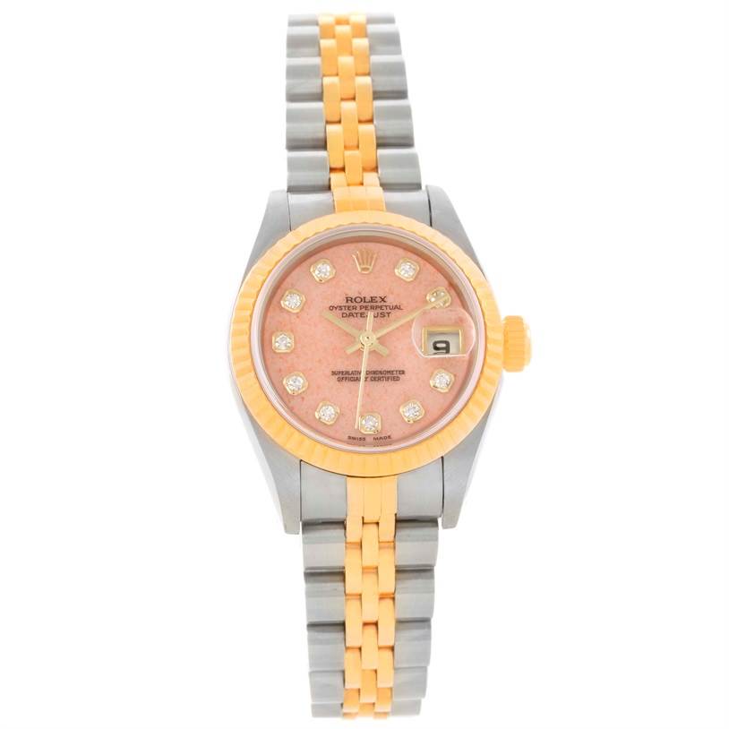 This image shows a Rolex Datejust 79163 Women's Steel and Gold (two tone) Pink Dial 79163 Women's Steel and Gold (two tone) Pink Dial watch from a top-down view, displaying the face, bezel, and bracelet.