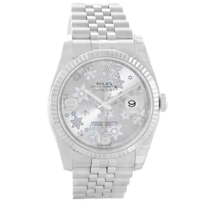 The image shows a frontal view of a Rolex Datejust 116234 Stainless Steel Silver Dial 116234 Stainless Steel Silver Dial watch with its dial, case, and bracelet visible.