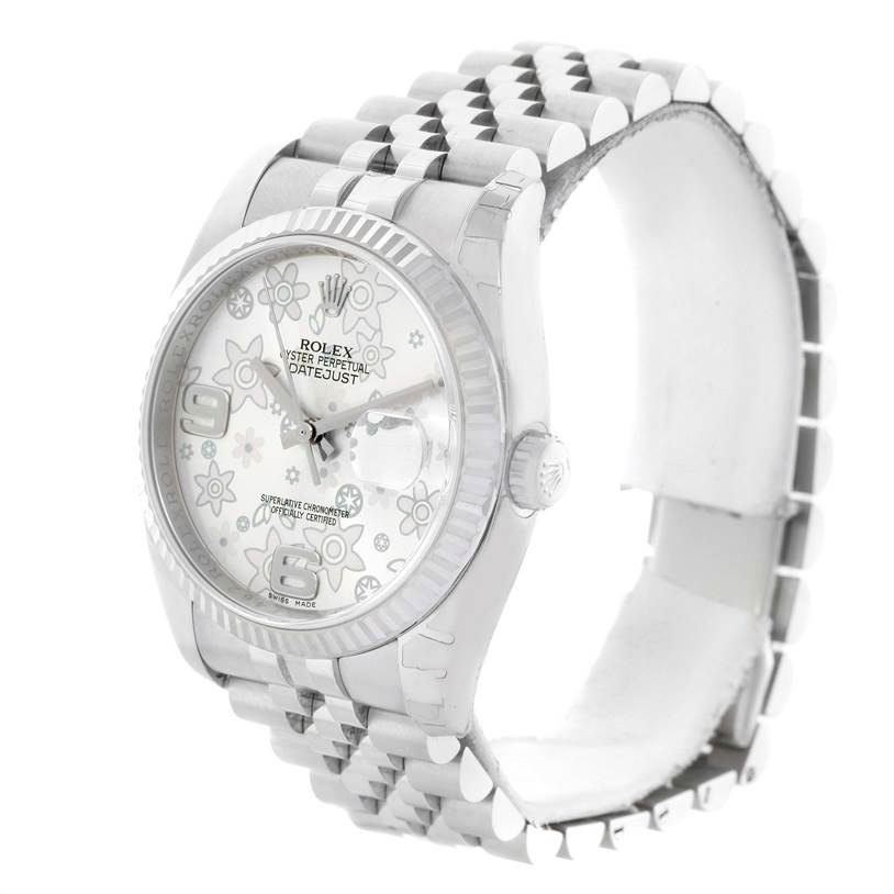 This Rolex Datejust 116234 Stainless Steel Silver Dial 116234 Stainless Steel Silver Dial watch is shown from a three-quarter angle, highlighting the dial, bezel, crown, and part of the bracelet.