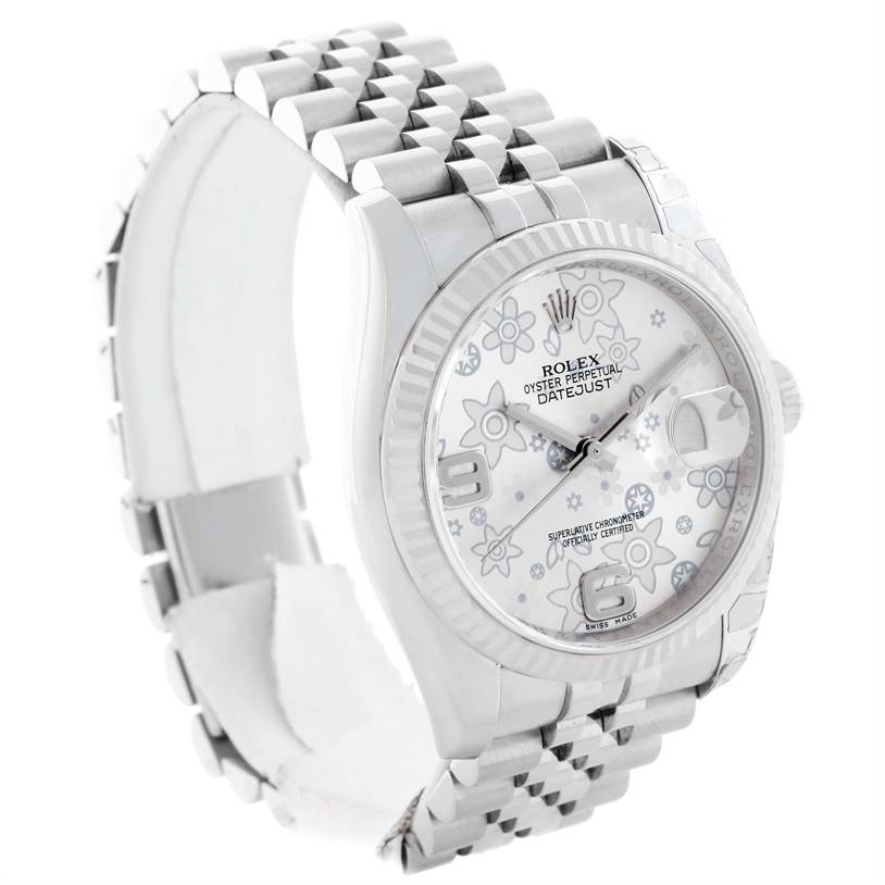 The image shows a side-angle view of a Rolex Datejust 116234 Stainless Steel Silver Dial 116234 Stainless Steel Silver Dial watch, highlighting its dial, bezel, crown, and bracelet.