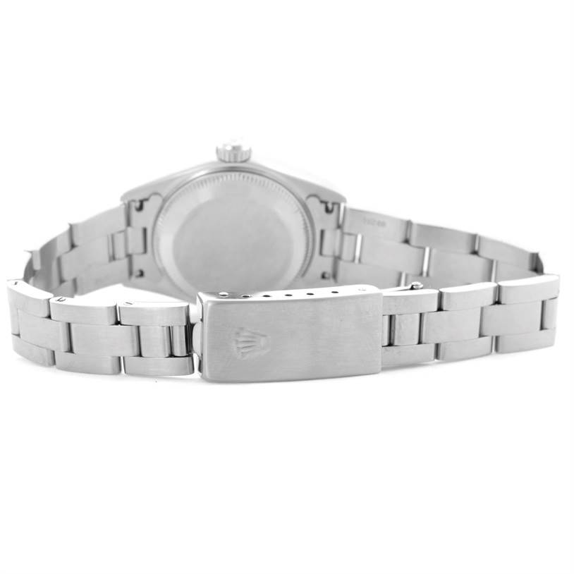 This image shows the back view of a Rolex Datejust 79174 Women's Stainless Steel White Dial 79174 Women's Stainless Steel White Dial watch, highlighting its case back and metal bracelet with the clasp.