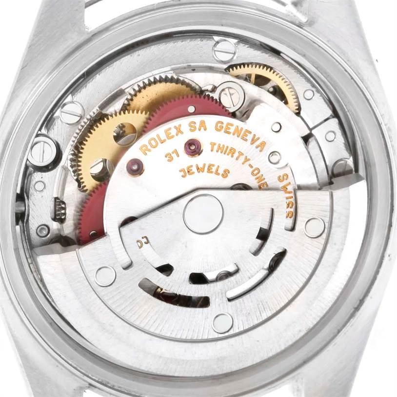 The image shows the internal mechanism and movement of a Rolex Datejust 79174 Women's Stainless Steel White Dial 79174 Women's Stainless Steel White Dial watch from a direct overhead angle.