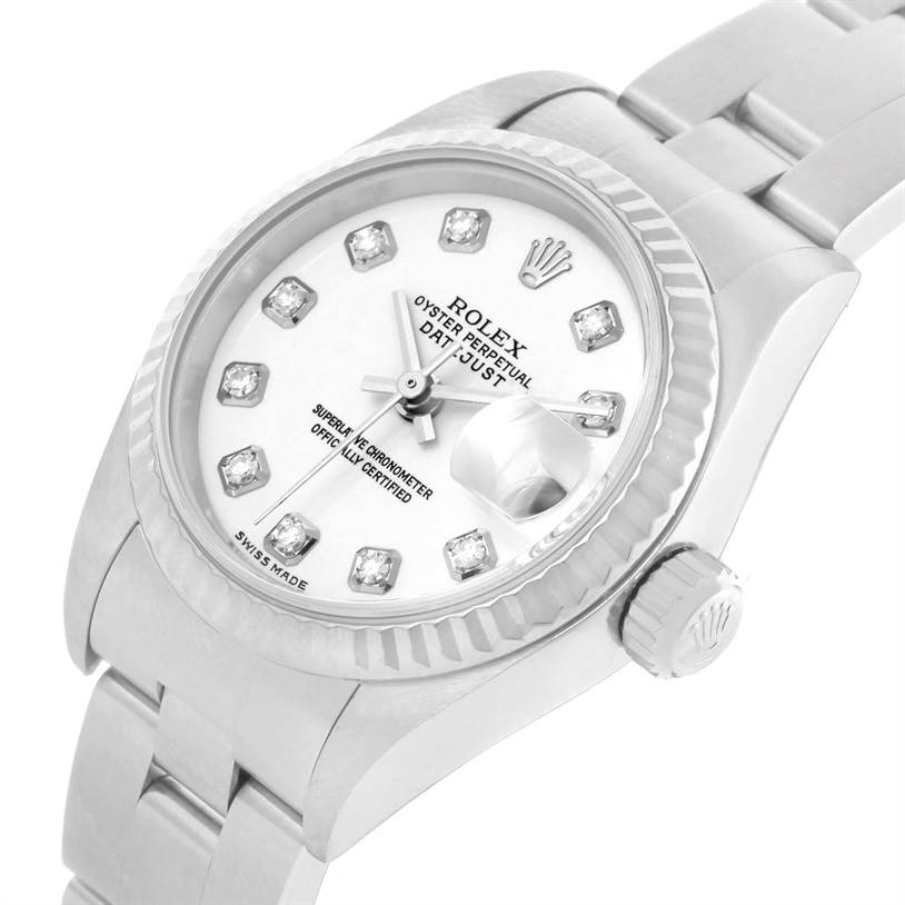 This image shows a Rolex Datejust 79174 Women's Stainless Steel White Dial 79174 Women's Stainless Steel White Dial watch angled to display the dial, bezel, bracelet, and crown with diamond hour markers.