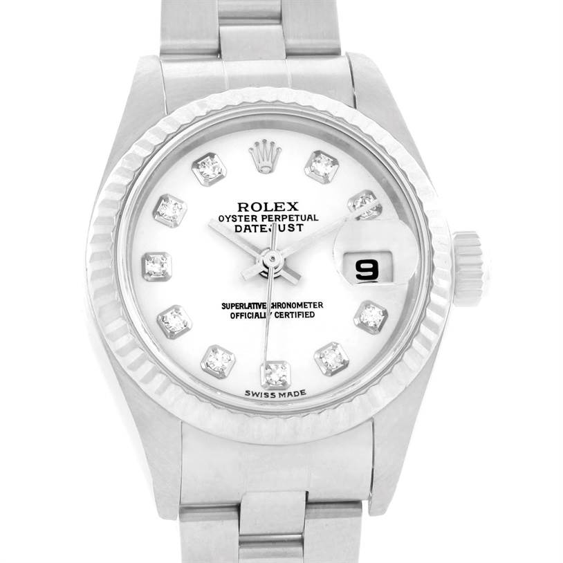 The image shows a front view of the Rolex Datejust 79174 Women's Stainless Steel White Dial 79174 Women's Stainless Steel White Dial watch displaying the dial, date window, and part of the bracelet.