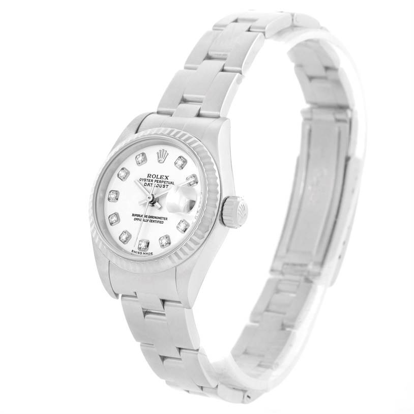 This image shows a Rolex Datejust 79174 Women's Stainless Steel White Dial 79174 Women's Stainless Steel White Dial watch angled slightly from the left, highlighting the face, bezel, crown, bracelet, and clasp.