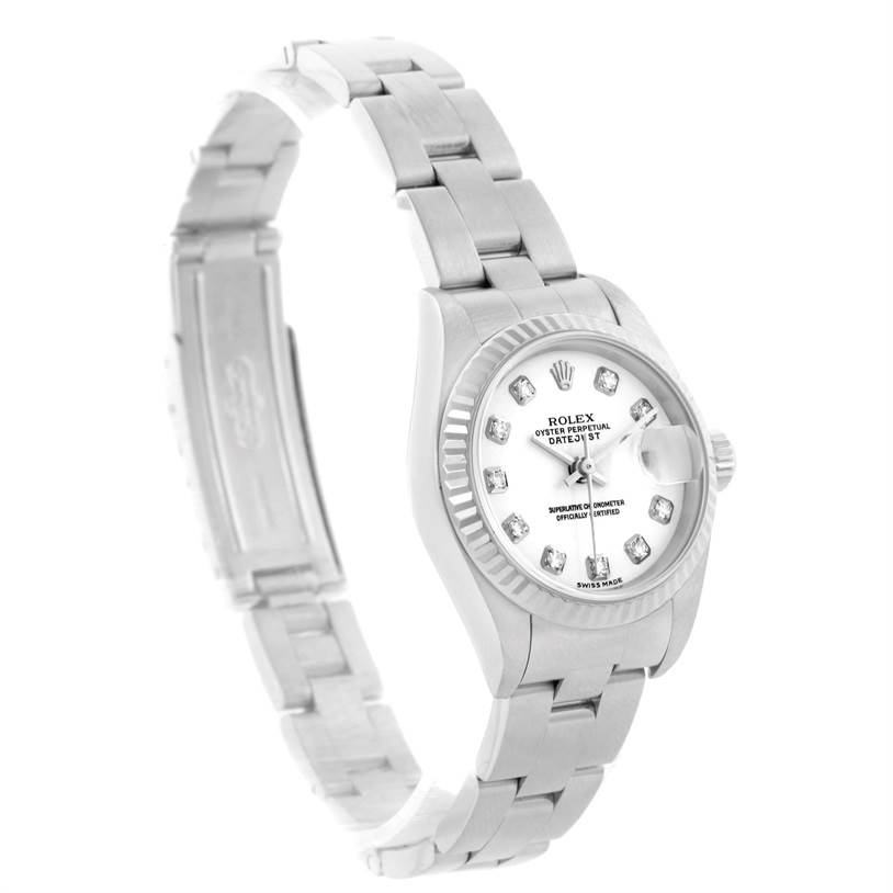 The image shows a Rolex Datejust 79174 Women's Stainless Steel White Dial 79174 Women's Stainless Steel White Dial watch at a slight angle, displaying the dial, bezel, and bracelet.