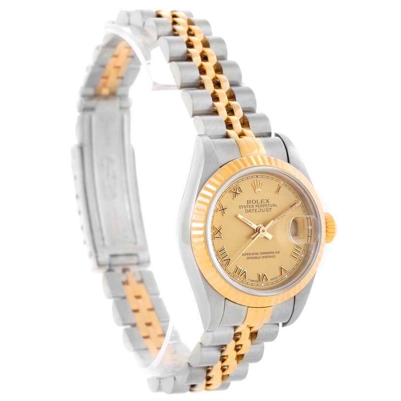 The image shows a side angle of a Rolex Datejust 69173 Women's Stainless Steel Champagne Dial 69173 Women's Stainless Steel Champagne Dial watch, highlighting its two-tone bracelet and fluted bezel.